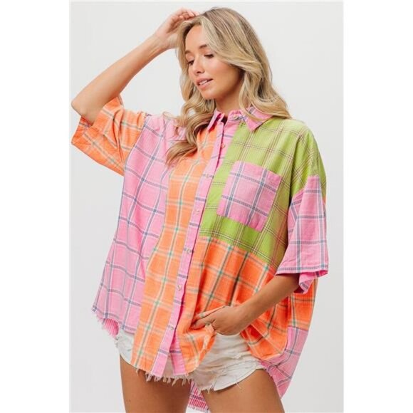 BiBi Plaid Collared Neck Half Sleeve Shirt‎ - Picture 3 of 4